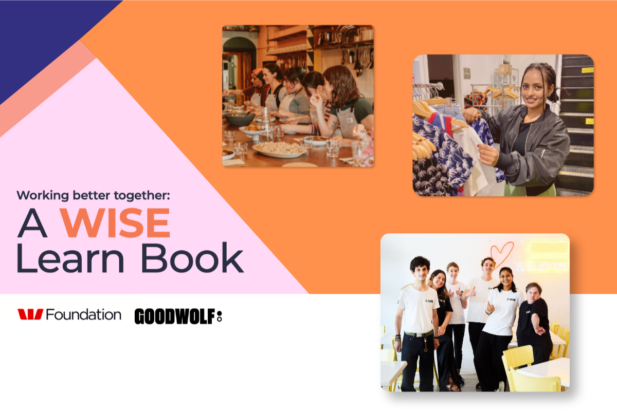 Banner artwork for “Working better together: A WISE Learn Book” featuring three photos of people participating in work integration social enterprise activities. Images include a group gathered around a kitchen table, a young woman organising clothing on retail racks, and a diverse team posing together in a bright workspace. The design uses orange, pink and deep blue geometric shapes, with Westpac Foundation and Goodwolf logos at the bottom.